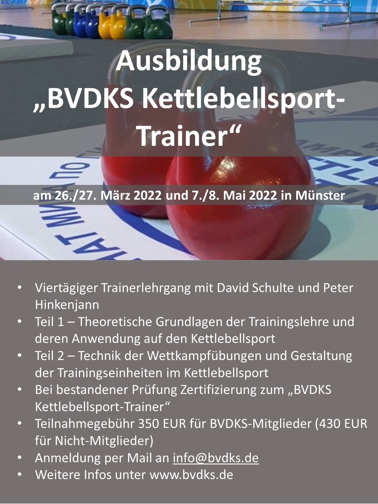 Ausbildung „BVDKS Kettlebellsport-Trainer“ – Wichtige Info – Anmeldefrist !!!