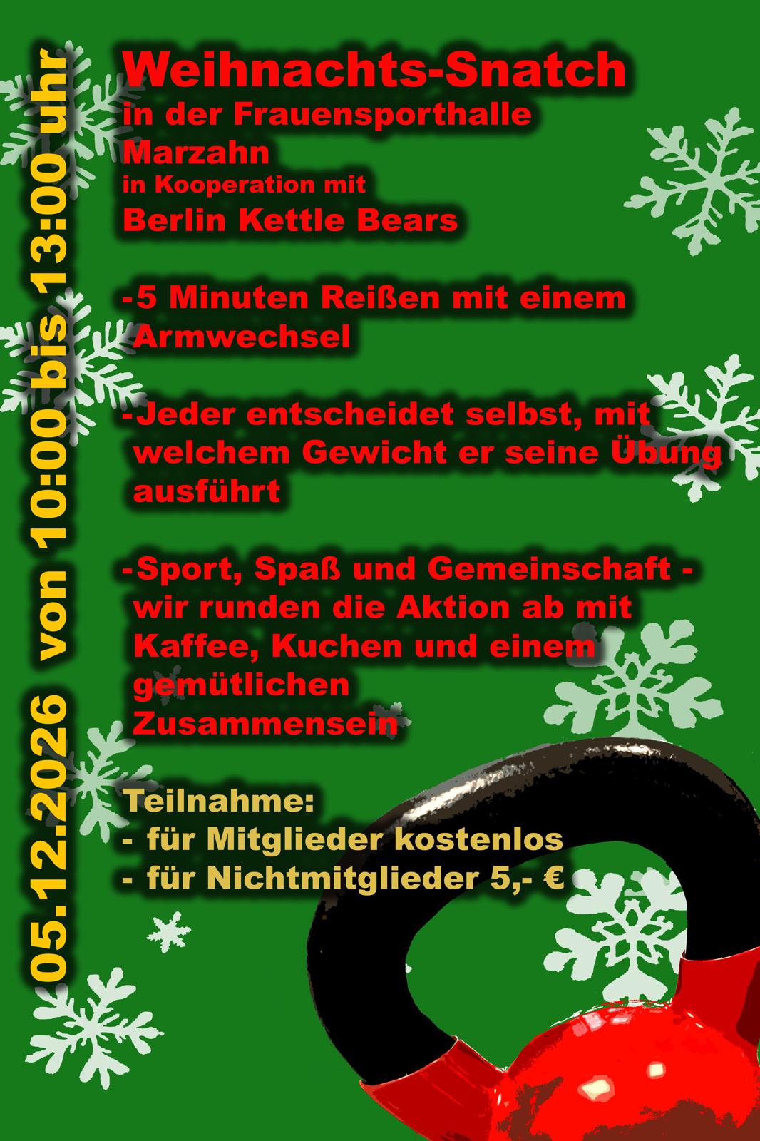 Flyer Weihnachts-Snatch am 5. Dezember 2026, 10–13 Uhr, in der Frauensporthalle Marzahn